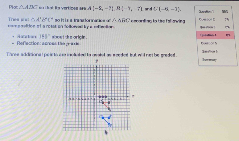 Plot △ ABC so that its vertices are A(-2,-7), B(-7,-7) , and C(-6,-1). Question 1 50% 
Then plot △ A'B'C' so it is a transformation of △ ABC according to the following Question 2 0% 
composition of a rotation followed by a reflection. Question 3 0% 
Rotation: 180° about the origin. Question 4 0% 
Reflection: across the y-axis. Question 5 
Question 6 
Summary