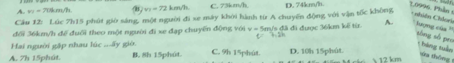 A. v_1=70km/h. C. 73km/h, D. 74km/h.
B. v_7=72km/h. 
2, 0996, Phần 1
Cầu 12: Lúc 7h15 phút giờ sáng, một người đi xe máy khởi hành từ A chuyến động với vận tốc không + nhiên Chlori
đối 36km/h đế đuổi theo một người đi xe đạp chuyến động với v=5m /s đã đi được 36km kế từ. A. lượng của '
tông số pro t bảng tuần
Hai người gặp nhau lúc ...ấy giờ.
A. 7h 15phút. B. 8h 15phút. C. 9h 15phút. D. 10h 15phút.
tứa thông t
 12 km