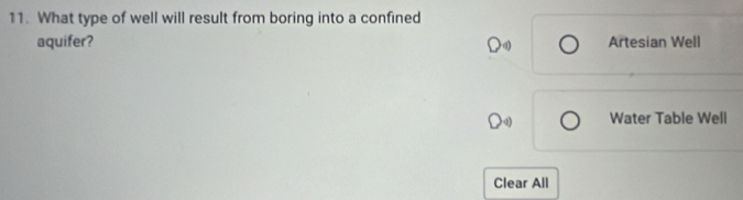 What type of well will result from boring into a confined
aquifer? bigcirc 4) Artesian Well
Water Table Well
Clear All
