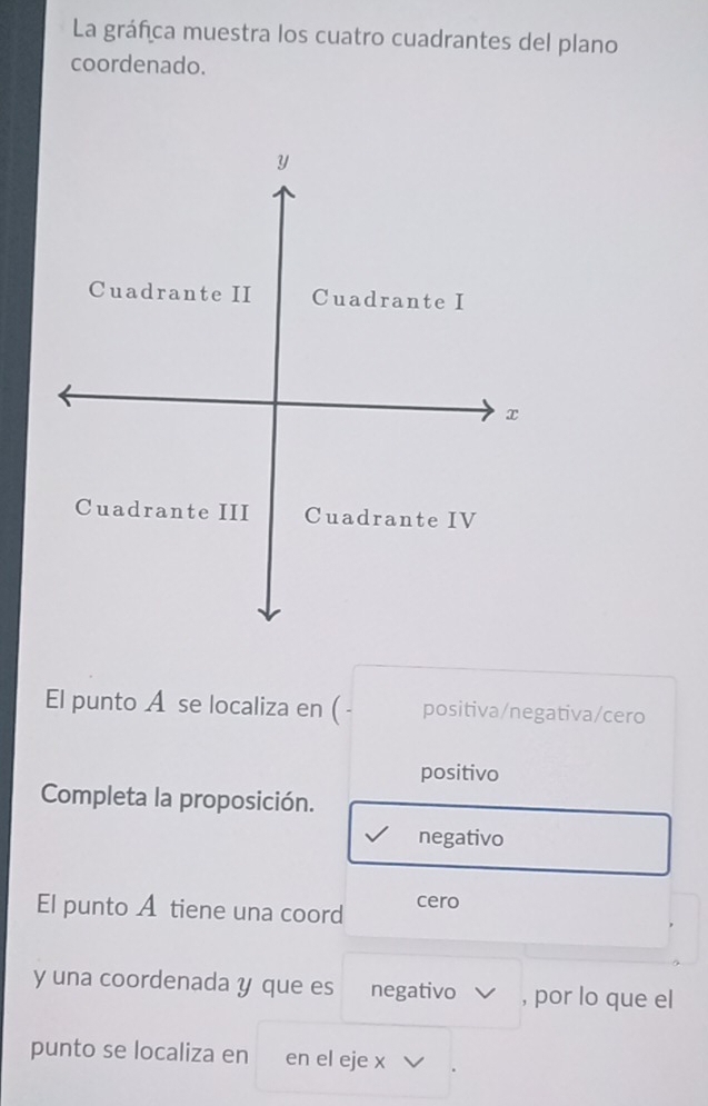 La gráfca muestra los cuatro cuadrantes del plano
coordenado.
El punto A se localiza en ( - positiva/negativa/cero
positivo
Completa la proposición.
negativo
El punto A tiene una coord cero
y una coordenada y que es negativo , por lo que el
punto se localiza en en el eje x