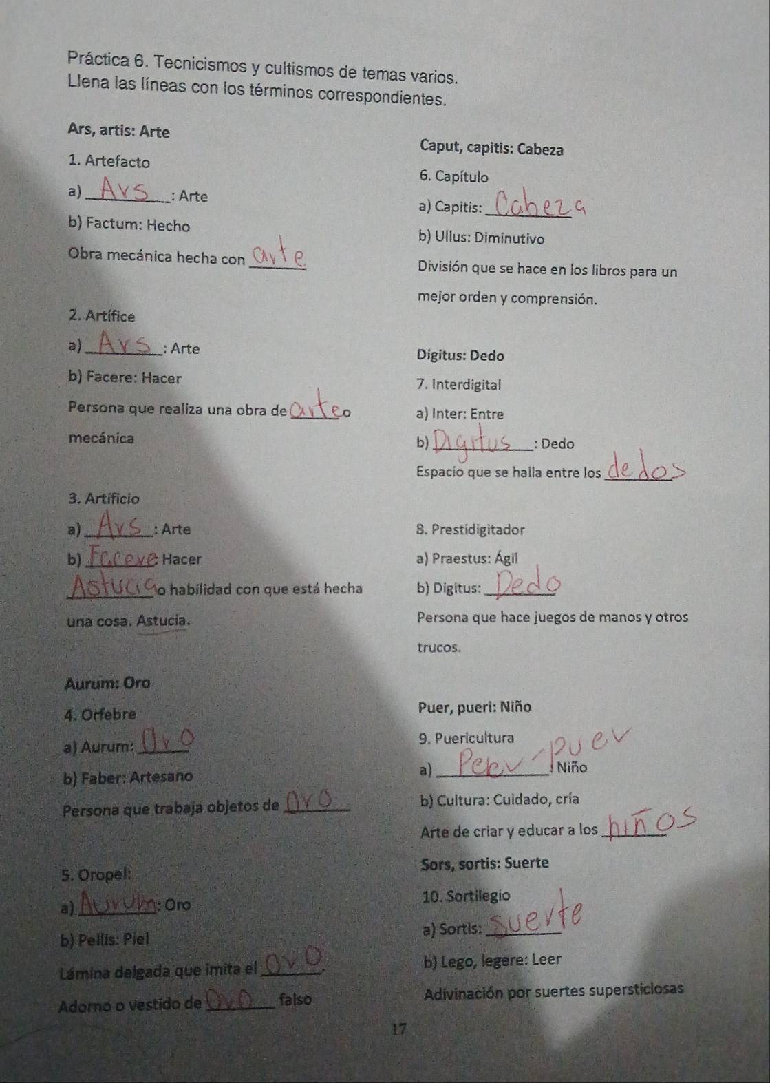 Práctica 6. Tecnicismos y cultismos de temas varios. 
Llena las líneas con los términos correspondientes. 
Ars, artis: Arte Caput, capitis: Cabeza 
1. Artefacto 6. Capítulo 
a) 
_: Arte a) Capitis:_ 
b) Factum: Hecho b) Ullus: Diminutivo 
Obra mecánica hecha con _División que se hace en los libros para un 
mejor orden y comprensión. 
2. Artifice 
a)_ 
: Arte Digitus: Dedo 
b) Facere: Hacer 7. Interdigital 
Persona que realiza una obra de _a) Inter: Entre 
mecánica b) _: Dedo 
_ 
Espacio que se halla entre los 
3. Artificio 
a)_ : Ärte 8. Prestidigitador 
b)_ : Hacer a) Praestus: Ágil 
_o habilidad con que está hecha b) Digitus:_ 
una cosa. Astucia. Persona que hace juegos de manos y otros 
trucos. 
Aurum: Oro 
4. Orfebre 
Puer, pueri: Niño 
a) Aurum: _9. Puericultura 
: Niño 
b) Faber: Artesano 
a)_ 
Persona que trabaja objetos de _b) Cultura: Cuidado, cría 
Arte de criar y educar a los_ 
5. Oropel: Sors, sortis: Suerte 
a)_ : Oro 
10. Sortilegio 
b) Pellis: Piel a) Sortis:_ 
Lámina delgada que imita el_ b) Lego, legere: Leer 
Adorno o vestido de _falso Adivinación por suertes supersticiosas 
17