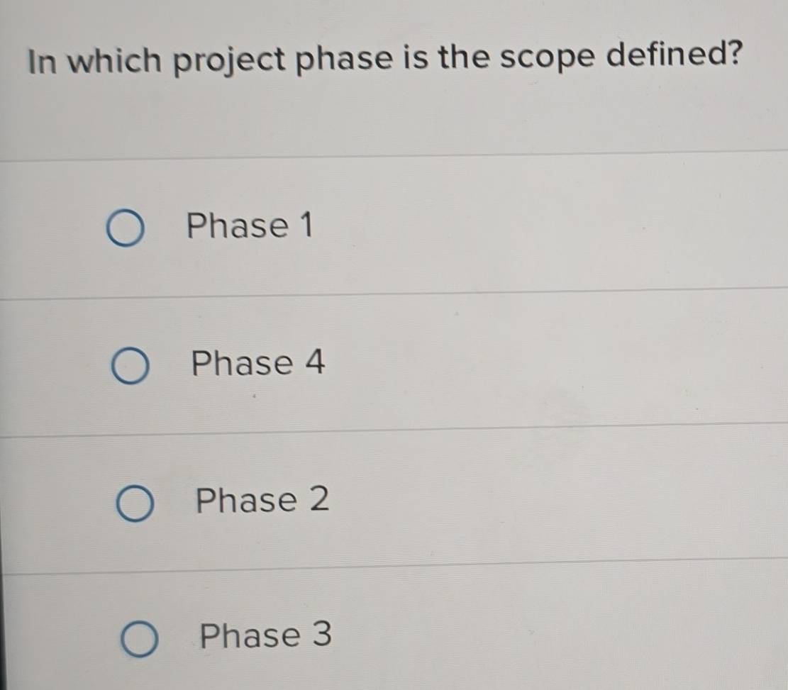 Resuelto:In which project phase is the scope defined? Phase 1 Phase 4 ...