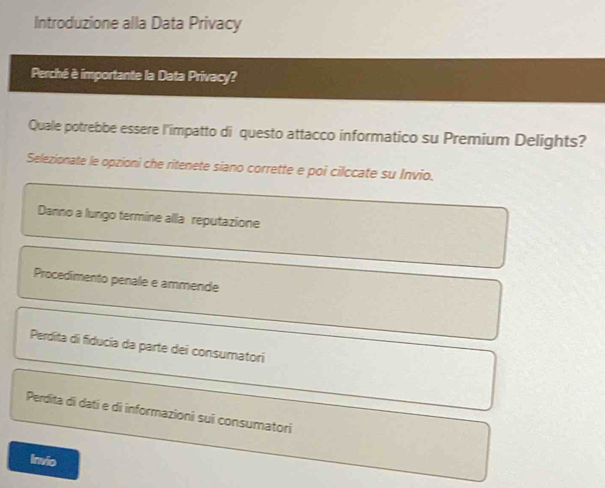 Introduzione alla Data Privacy
Perché è importante la Data Privacy?
Quale potrebbe essere l'impatto di questo attacco informatico su Premium Delights?
Selezionate le opzioni che ritenete siano corrette e poi cilccate su Invio.
Danno a lungo termine alla reputazione
Procedimento penale e ammende
Perdita di fiducía da parte dei consumatori
Perdita di datí e di informazioni sui consumatori
Invio