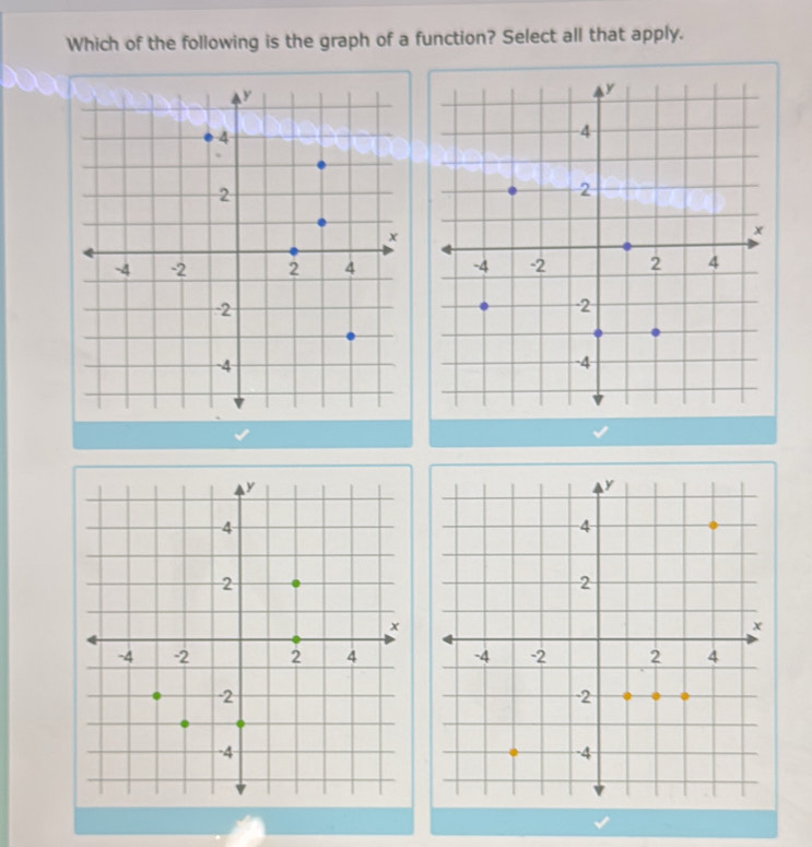 Which of the following is the graph of a function? Select all that apply.
y
4
2
x
-4 -2 2 4
-2
4
y
4
2
x
-4 -2 2 4
-2
-4