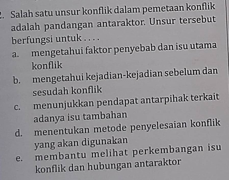 Salah satu unsur konflik dalam pemetaan konflik
adalah pandangan antaraktor. Unsur tersebut
berfungsi untuk . . . .
a. mengetahui faktor penyebab dan isu utama
konflik
b. mengetahui kejadian-kejadian sebelum dan
sesudah konflik
c. menunjukkan pendapat antarpihak terkait
adanya isu tambahan
d. menentukan metode penyelesaian konflik
yang akan digunakan
e. membantu melihat perkembangan isu
konflik dan hubungan antaraktor