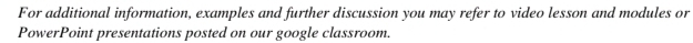 For additional information, examples and further discussion you may refer to video lesson and modules or 
PowerPoint presentations posted on our google classroom.