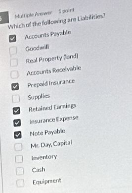 Multiple Answer 1 point
Which of the following are Liabilities?
Accounts Payable
Goodwill
Real Property (land)
Accounts Receivable
Prepaid Insurance
Supplies
Retained Earnings
Insurance Expense
Note Payable
Mr. Day, Capital
Inventory
Cash
Equipment