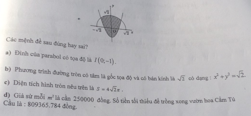 y
sqrt(2)
-sqrt(2) o sqrt(2) x 
Các mệnh đề sau đúng hay sai? 
a) Đinh của parabol có tọa độ là I(0;-1). 
b) Phương trình đường tròn có tâm là gốc tọa độ và có bán kính là sqrt(2) có dạng : x^2+y^2=sqrt(2). 
c) Diện tích hình tròn nêu trên là S=4sqrt(2)π. 
d) Giả sử mỗi m^2 là cần 250000 đồng. Số tiền tối thiếu đề trồng xong vườn hoa Cầm Tú 
Cầu là : 809365.784 đồng.