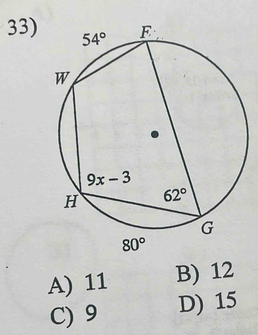 A) 11 B) 12
C) 9
D) 15