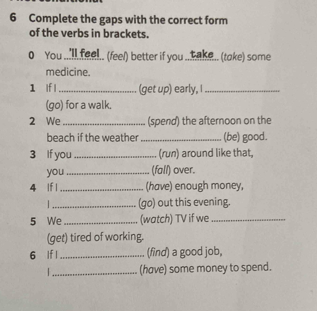 Complete the gaps with the correct form 
of the verbs in brackets. 
0 You ...'ll fee!.. (feel) better if you ..take. (take) some 
medicine. 
1 If l _(get up) early, I_ 
(go) for a walk. 
2 We_ (spend) the afternoon on the 
beach if the weather _(be) good. 
3 If you _(run) around like that, 
you _(fall) over. 
4 lf l _(have) enough money, 
_(go) out this evening. 
5 We _(watch) TV if we_ 
(get) tired of working. 
6 lf l _(find) a good job, 
_(have) some money to spend.