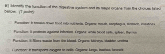 identify the function of the digestive system and its major organs from the choices listed
below. (1 point)
Fluncition: It breaks down food into nutrients. Organs; mouth, esophagus, stomach, intestines
Function: It protects against infection. Organs: while blood cells, spleen, thymus
Function: It filters waste from the blood. Organs: kidneys, bladder, urethra
Function: It transports oxygen to cells. Organs: lungs, trachea, bronchi