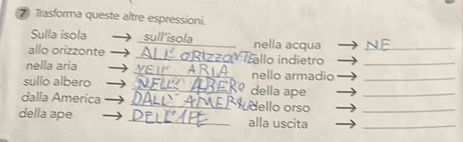 Trasforma queste altre espressioni. 
Sulla isola _sull'isola nella acqua 
allo orizzonte _callo indietro__ 
_ 
nella aria 
nello armadio_ 
sullo albero _della ape_ 
dalla America _ello orso 
della ape _alla uscita__