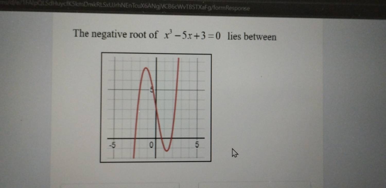 vpQLSdHuycfK5kmDmkRLSxUJrhNEnTcuX6ANgjVCB6cWvT8STXaFg/formResponse 
The negative root of x^3-5x+3=0 lies between