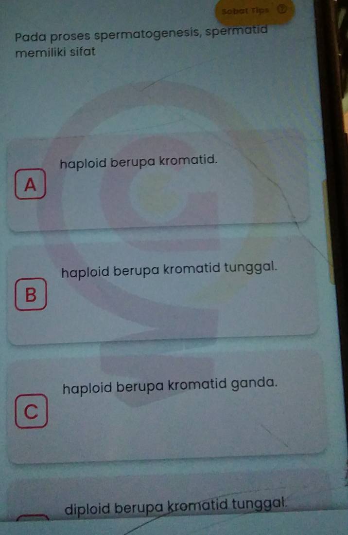 Sobat Tips
Pada proses spermatogenesis, spermatid
memiliki sifat
haploid berupa kromatid.
A
haploid berupa kromatid tunggal.
B
haploid berupa kromatid ganda.
C
diploid berupa kromatid tunggal.