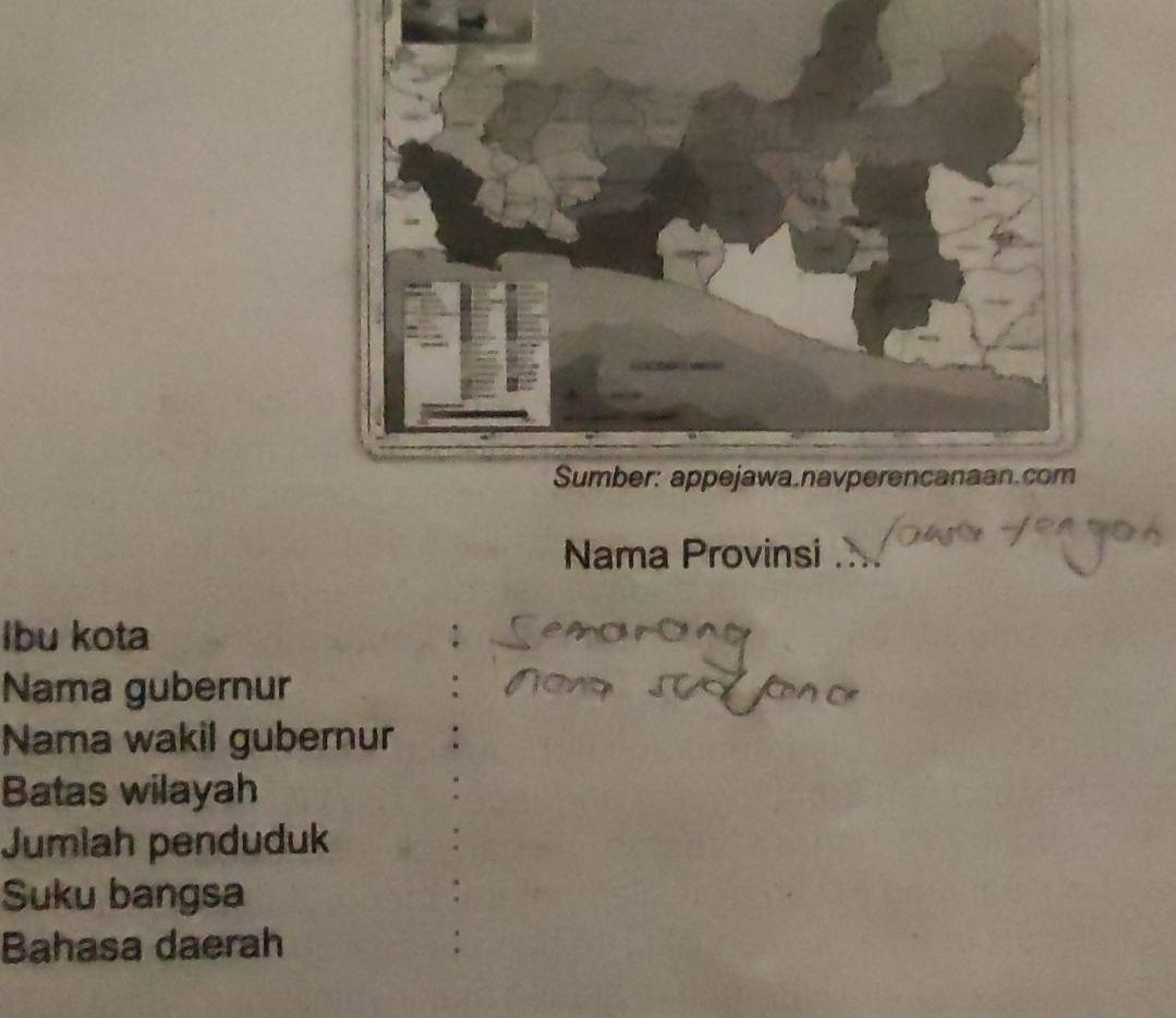 Nama Provinsi 
Ibu kota 
Nama gubernur 
Nama wakil gubernur 
Batas wilayah 
Jumlah penduduk 
Suku bangsa 
Bahasa daerah