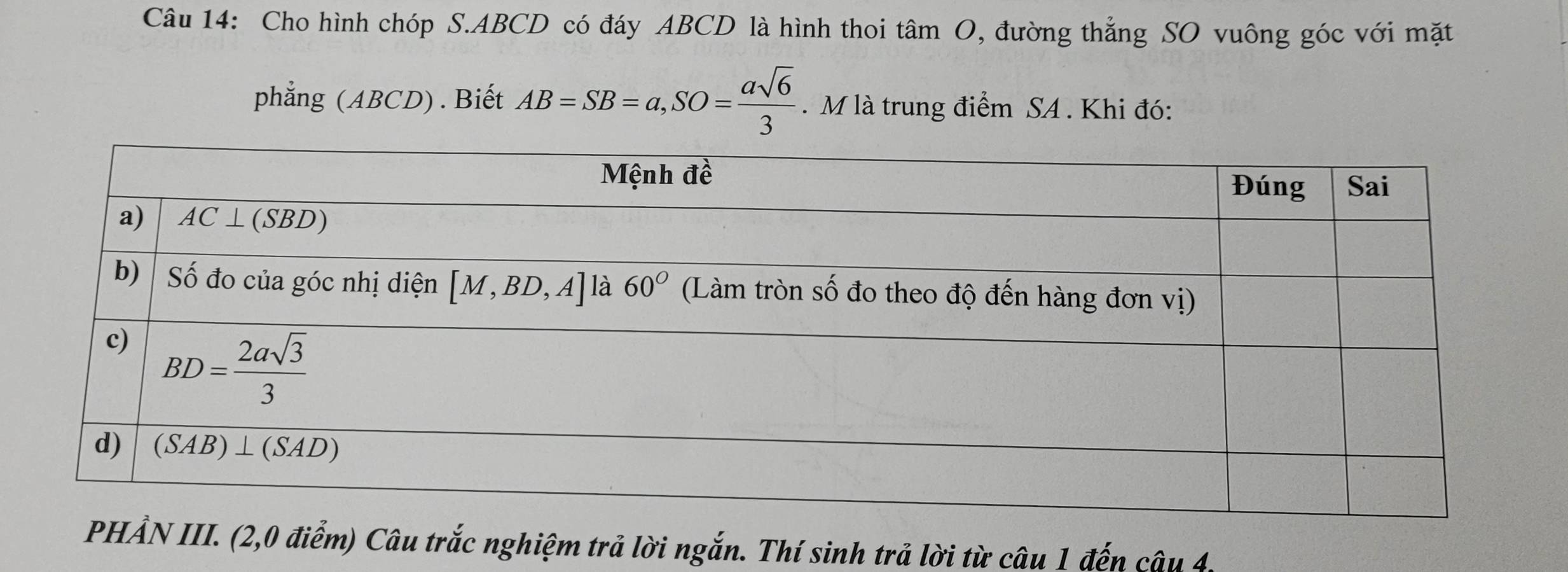 Cho hình chóp S.ABCD có đáy ABCD là hình thoi tâm O, đường thẳng SO vuông góc với mặt
phẳng (ABCD) . Biết AB=SB=a,SO= asqrt(6)/3  M là trung điểm SA . Khi đó:
PHẢN III. (2,0 điểm) Câu trắc nghiệm trả lời ngắn. Thí sinh trả lời từ câu 1 đến câu 4.