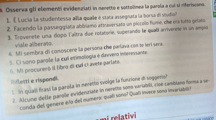 A Osserva gli elementi evidenziati in neretto e sottolinea la parola a cui si riferiscono. 
1. É Lucia la studentessa alla quale è stata assegnata la borsa di studio? 
2. Facendo la passeggiata abbiamo attraversato un piccolo fiume, che era tutto gelato. 
3. Troverete una dopo l'altra due rotatorie, superando le quali arriverete in un ampio 
viale alberato. 
4. Mi sembra di conoscere la persona che parlava con te ieri sera. 
5. Ci sono parole la cui etimologia è davvero interessante. 
6. Mi procurerò il libro di cui ci avete parlato. 
Rifletti e rispondi. 
1. In quali frasi la parola in neretto svolge la funzione di soggetto? 
2. Alcune delle parole evidenziate in neretto sono variabili, cíoè cambiano forma a se- 
conda del genere e/o del numero: quali sono? Quali invece sono invariabili? 
mi relativi 
a único