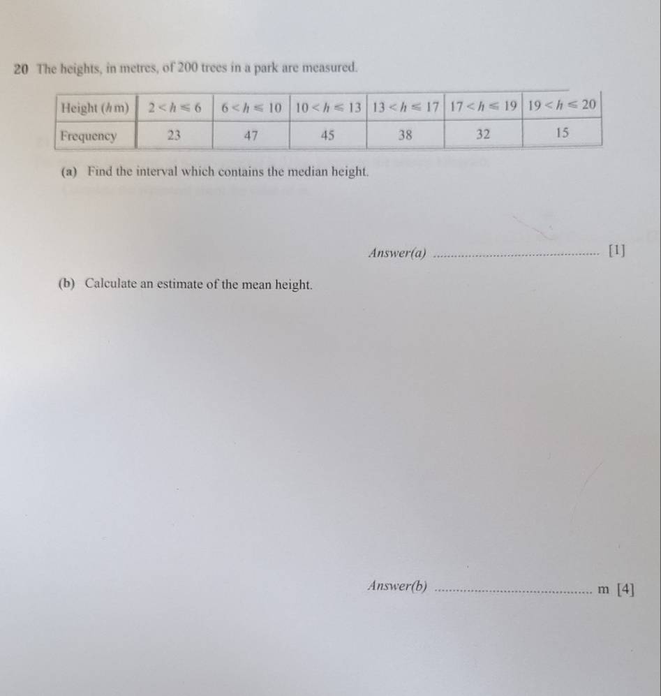 The heights, in metres, of 200 trees in a park are measured.
(a) Find the interval which contains the median height.
Answer(a) _[1]
(b) Calculate an estimate of the mean height.
Answer(b) _ m[4]