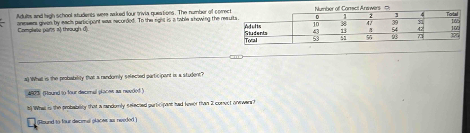 Adults and high school students were asked four trivia questions. The number of corr
answers given by each participant was recorded. To the right is a table showing the re
Complete parts a) through d). 
a) What is the probability that a randomly selected participant is a student?
4923 (Round to four decimal places as needed.)
b) What is the probability that a randomly selected participant had fewer than 2 correct answers?
(Round to four decimal places as needed.)