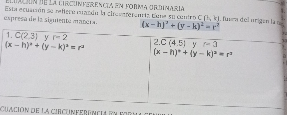 al
ECUACIÓN DE LA CIRCUNFERENCIA EN FORMA ORDINARIA
4.
Esta ecuación se refiere cuando la circunferencia tiene su centro C(h,k) , fuera del origen la α
5.
expresa de la siguiente manera.
(x-h)^2+(y-k)^2=r^2
)a
a
CE LA CIRCUNFERENCIA EN FORMA C