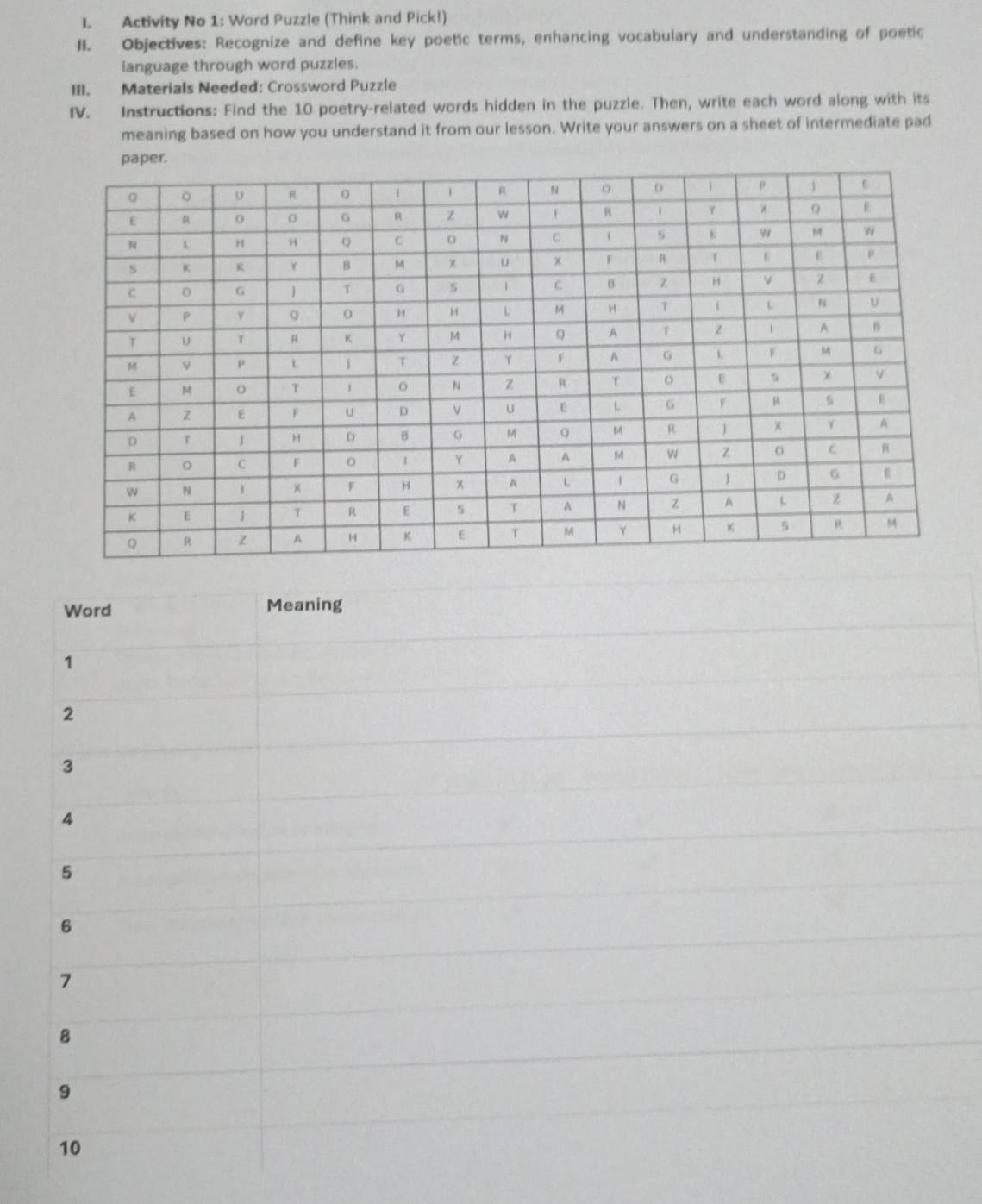 Solved: Activity No 1: Word Puzzle (Think and Pick!) II. Objectives ...