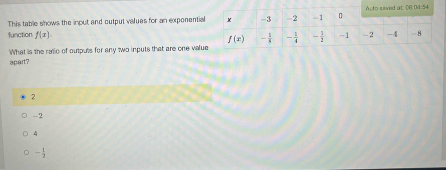 This table shows the input and output values for an exponential
function f(x).
What is the ratio of outputs for any two inputs that are one valu
apart?
2
-2
4
- 1/2 