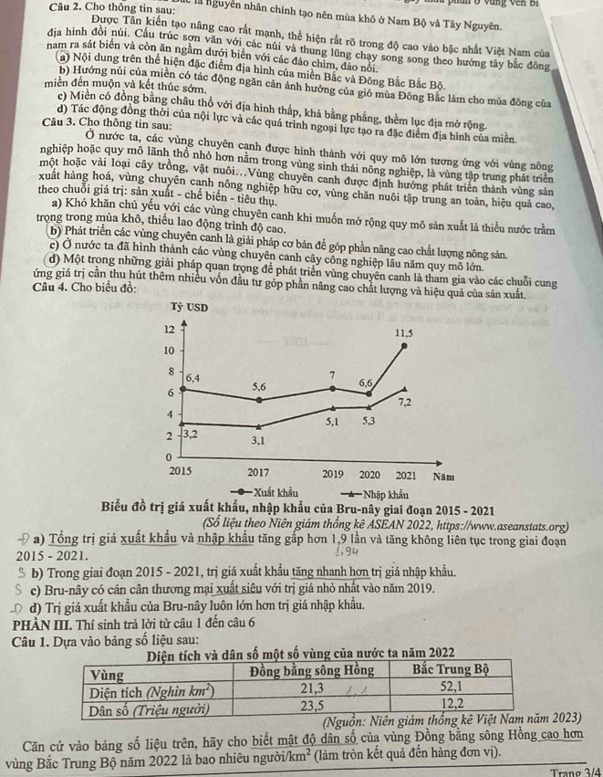 Cho thông tin sau:
ể là nguyên nhân chính tạo nên mùa khô ở Nam Bộ và Tây Nguyên.
Được Tân kiến tạo nâng cao rất mạnh, thể hiện rất rõ trong độ cao vào bậc nhất Việt Nam của
địa hình đồi núi. Cấu trúc sơn văn với các núi và thung lũng chạy song song theo hướng tây bắc đông
nam ra sát biên và còn ăn ngằm dưới biên với các đảo chim, đảo nói.
(a) Nội dung trên thể hiện đặc điểm địa hình của miền Bắc và Đông Bắc Bắc Bộ.
miền đến muộn và kết thúc sớm.
b) Hướng núi của miền có tác động ngăn cản ảnh hưởng của gió mùa Đông Bắc làm cho mùa đồng của
c) Miền có đồng bằng châu thổ với địa hình thấp, khá bằng phẳng, thềm lục địa mở rộng.
d) Tác động đồng thời của nội lực và các quá trình ngoại lực tạo ra đặc điểm địa hình của miền.
Câu 3. Cho thông tin sau:
Ở nước ta, các vùng chuyên cạnh được hình thành với quy mô lớn tương ứng với vùng nông
nghiệp hoặc quy mô lãnh thổ nhỏ hơn nằm trong vùng sinh thái nông nghiệp, là vùng tập trung phát triển
một hoặc vài loại cây trồng, vật nuôi...Vùng chuyên canh được định hướng phát triển thành vùng sản
xuất hàng hoá, vùng chuyên canh nông nghiệp hữu cơ, vùng chăn nuôi tập trung an toàn, hiệu quả cao,
theo chuỗi giá trị: sản xuất - chế biến - tiêu thụ
a) Khó khăn chủ yếu với các vùng chuyên canh khi muốn mở rộng quy mô sản xuất là thiếu nước trầm
trọng trong mùa khô, thiếu lao động trình độ cao.
(b) Phát triển các vùng chuyên canh là giải pháp cơ bản để góp phần nâng cao chất lượng nông sản.
c) Ở nước ta đã hình thành các vùng chuyên canh cây công nghiệp lâu năm quy mô lớn.
(d) Một trong những giải pháp quan trọng để phát triển vùng chuyên canh là tham gia vào các chuỗi cung
ứng giá trị cần thu hút thêm nhiều vốn đầu tư góp phần nâng cao chất lượng và hiệu quả của sản xuất.
Câu 4. Cho biểu đồ:
Tỷ USD
12
11,5
10
8 6,4
7
6 5,6 6,6
7,2
4
2 3,2 5,1 5,3
3,1
0
2015 2017 2019 2020 2021 Năm
Xuất khẩu Nhập khẩu
Biểu đồ trị giá xuất khẩu, nhập khẩu của Bru-nây giai đoạn 2015 - 2021
(Số liệu theo Niên giám thống kê ASEAN 2022, https://www.aseanstats.org)
* a) Tổng trị giá xuất khẩu và nhập khẩu tăng gắp hơn 1,9 lần và tăng không liên tục trong giai đoạn
2015 - 2021.
1,94
b) Trong giai đoạn 2015 - 2021, trị giá xuất khẩu tăng nhanh hơn trị giá nhập khẩu.
c) Bru-nây có cán cân thương mại xuất siêu với trị giá nhỏ nhất vào năm 2019.
d) Trị giá xuất khẩu của Bru-nây luôn lớn hơn trị giá nhập khẩu.
PHÀN III. Thí sinh trả lời từ câu 1 đến câu 6
Câu 1. Dựa vào bảng số liệu sau:
n tích và dân số một số vùng của nước ta năm 2022
2023)
Căn cứ vào bảng số liệu trên, hãy cho biết mật độ dân số của vùng Đồng bằng sông Hồng cao hơn
vùng Bắc Trung Bộ năm 2022 là bao nhiêu người /km^2 (làm tròn kết quả đến hàng đơn vị).
Trạng 3/4