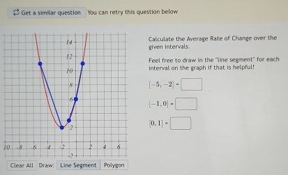 Get a similar question You can retry this question below 
Calculate the Average Rate of Change over the 
given intervals. 
Feel free to draw in the 'line segment" for each 
interval on the graph if that is helpful!
[-5,-2]=□
(-1,0)-□
[0,1]=□
10 
Clear All Draw: Line Segment Polygon