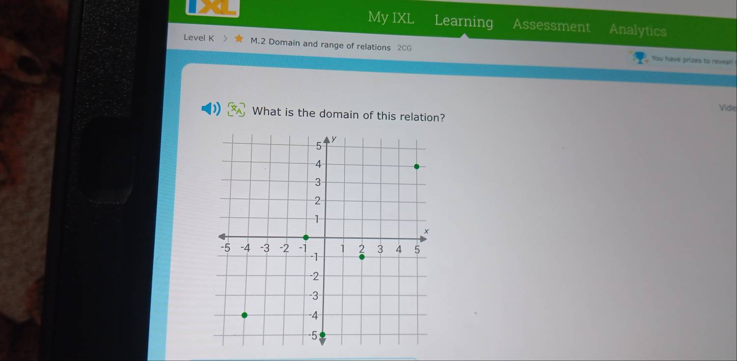 My IXL Learning Assessment Analytics 
Level K M.2 Domain and range of relations 2CG You have prizes to reveal! 
Vide 
What is the domain of this relation?