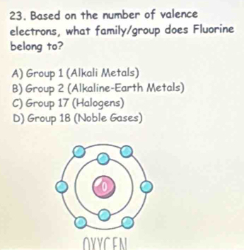 Based on the number of valence
electrons, what family/group does Fluorine
belong to?
A) Group 1 (Alkali Metals)
B) Group 2 (Alkaline-Earth Metals)
C) Group 17 (Halogens)
D) Group 18 (Noble Gases)
OYYCEN