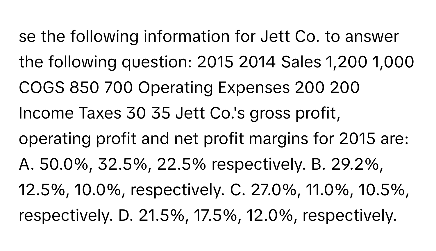 se the following information for Jett Co. to answer the following question: 2015 2014 Sales 1,200 1,000 COGS 850 700 Operating Expenses 200 200 Income Taxes 30 35 Jett Co.'s gross profit, operating profit and net profit margins for 2015 are: A. 50.0%, 32.5%, 22.5% respectively. B. 29.2%, 12.5%, 10.0%, respectively. C. 27.0%, 11.0%, 10.5%, respectively. D. 21.5%, 17.5%, 12.0%, respectively.