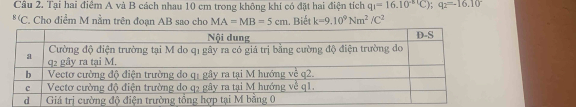 Tại hai điểm A và B cách nhau 10 cm trong không khí có đặt hai điện tích q_1=16.10^(-8)(C); q_2=-16.10^-
*(C. Cho điểm M nằm trên đoạn AB sao cho MA=MB=5cm. Biết k=9.10^9Nm^2/C^2