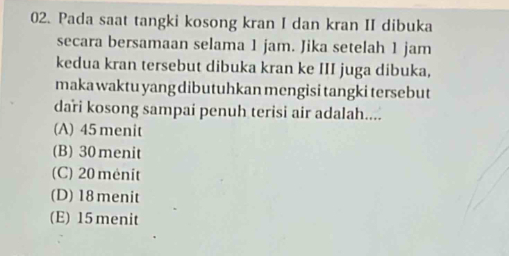 Pada saat tangki kosong kran I dan kran II dibuka
secara bersamaan selama 1 jam. Jika setelah 1 jam
kedua kran tersebut dibuka kran ke III juga dibuka,
maka waktu yang dibutuhkan mengisi tangki tersebut
dari kosong sampai penuh terisi air adalah....
(A) 45 menit
(B) 30 menit
(C) 20 ménit
(D) 18menit
(E) 15 menit