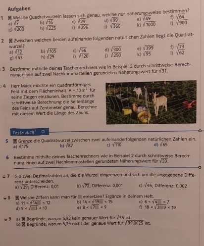 Aufgaben
1  Welche Quadratwurzeln lassen sich genau, welche nur näherungsweise bestimmen?
a) sqrt(7) b) sqrt(16) c) sqrt(29) d) sqrt(99) e) sqrt(49) f) sqrt(64)
g) sqrt(200) h) sqrt(225) i) sqrt(296) i) sqrt(360) k) sqrt(1000) 1) sqrt(900)
2 ■ Zwischen welchen beiden aufeinanderfolgenden natürlichen Zahlen liegt die Quadrat-
wurzel? sqrt(105) c) sqrt(56) d) sqrt(300) e) sqrt(399) f) sqrt(73)
a) sqrt(12) b)
g) sqrt(43) h) sqrt(29) D) sqrt(120) j) sqrt(250) k) sqrt(95) 1) sqrt(62)
3 Bestimme mithilfe deines Taschenrechners wie in Beispiel 2 durch schrittweise Berech-
nung einen auf zwei Nachkommastellen gerundeten Näherungswert für sqrt(31).
4 Herr Mack möchte ein quadratförmiges
Feld mit dem Flächeninhalt A=10m^2 für
seine Ziegen einzäunen. Bestimme durch
schrittweise Berechnung die Seitenlänge
des Felds auf Zentimeter genau. Berechne
mit diesem Wert die Länge des Zauns.
Teste dich! 。
5 n Grenze die Quadratwurzel zwischen zwei aufeinanderfolgenden natürlichen Zahlen ein.
a) sqrt(175) b) sqrt(87) c) sqrt(110) d) sqrt(65)
6 Bestimme mithilfe deines Taschenrechners wie in Beispiel 2 durch schrittweise Berech-
nung einen auf zwei Nachkommastellen gerundeten Näherungswert für sqrt(33).
7 Gib zwei Dezimalzahlen an, die die Wurzel eingrenzen und sich um die angegebene Diffe
renz unterscheiden.
a) sqrt(29); Differenz: 0,01 b) sqrt(72); Differenz: 0,001 c) sqrt(45); Differenz: 0,002
8  Welche Ziffern kann man für  einsetzen? Ergänze in deinem Heft.
a) 11 <12</tex> b) 14 <15</tex> c) 6 <7</tex>
d) 9 <10</tex> e) 8 <9</tex> f) 18 <19</tex>
9 a)  Begründe, warum 5,92 kein genauer Wert für sqrt(35) ist. ist.
b)  Begründe, warum 5,25 nicht der genaue Wert für sqrt(39,0625)