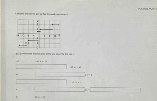 POSSIBLE POINTS
Complete the rule for g(x) so that the graph mpresents it.
g(x) [ Pretend this bracket goes all the way down the left side : )
-10, -15≤ x
x_ □  □ -10≤ x
4 □  □ ≤ x
,.. □ -2≤ x<1</tex>
4 □  □ kx
30≤ x<15</tex>