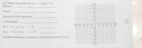 Sketch the graph of f(x)=-log _5(x+2)
Domain:_ 
Range:_ 
Equation of the asymptote:_ 
x-intercept(s):_ 
As xto -∈fty , f(x)
_ 
As xto ∈fty , f(x)
_ 
Transformations as compared to the parent function of f(x) I