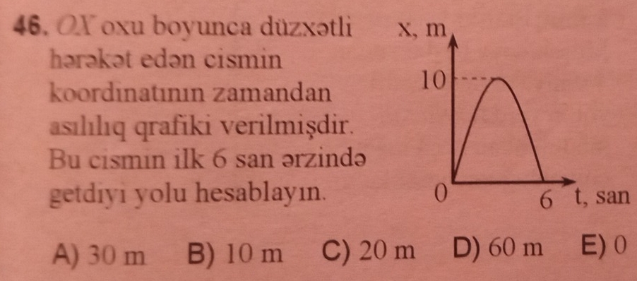 OY oxu boyunca düzxətli 
hərəkət edən cismin
koordinatının zamandan
asılılıq qrafiki verilmişdir.
Bu cismin ilk 6 san ərzində
getdiyi yolu hesablayın. san
A) 30 m B) 10 m C) 20 m D) 60 m E) 0