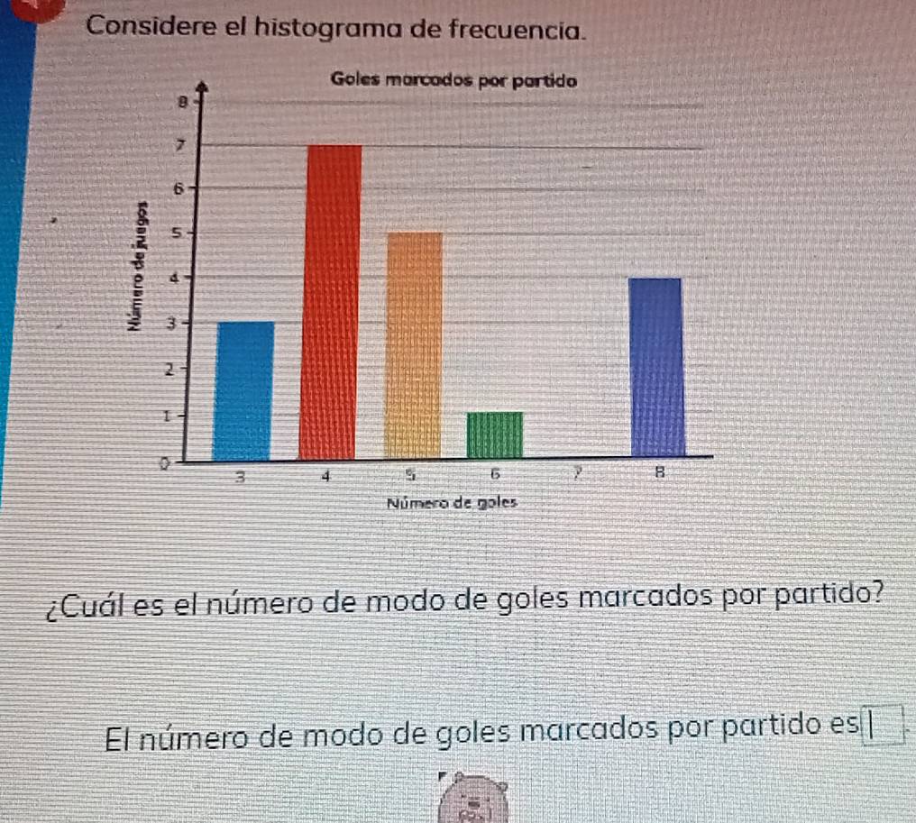 Considere el histograma de frecuencia. 
¿Cuál es el número de modo de goles marcados por partido? 
El número de modo de goles marcados por partido es