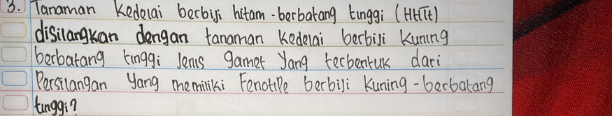 Tanaman Kedelai becbiji hitam-berbatang tinggi (HTt) 
disilangkan dengan tanaman kedelai berbili Kuning 
berbatang tinggi Jems gamer yang tecbenruk dari 
Persilangan yang memiliki FenotiPe berbili Kuning -berbakang 
tunggi?