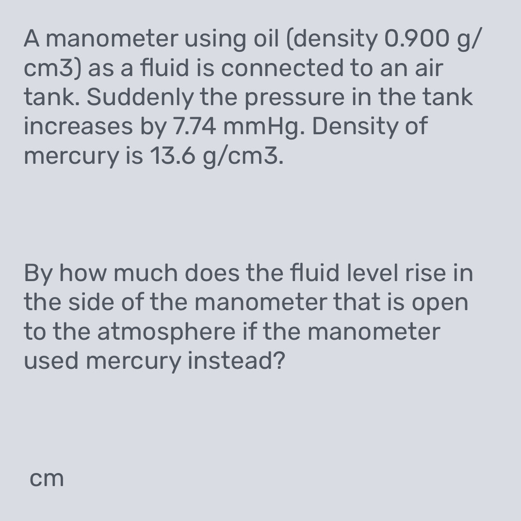 Solved: A manometer using oil (density 0.900 g/ cm3) as a fluid is ...