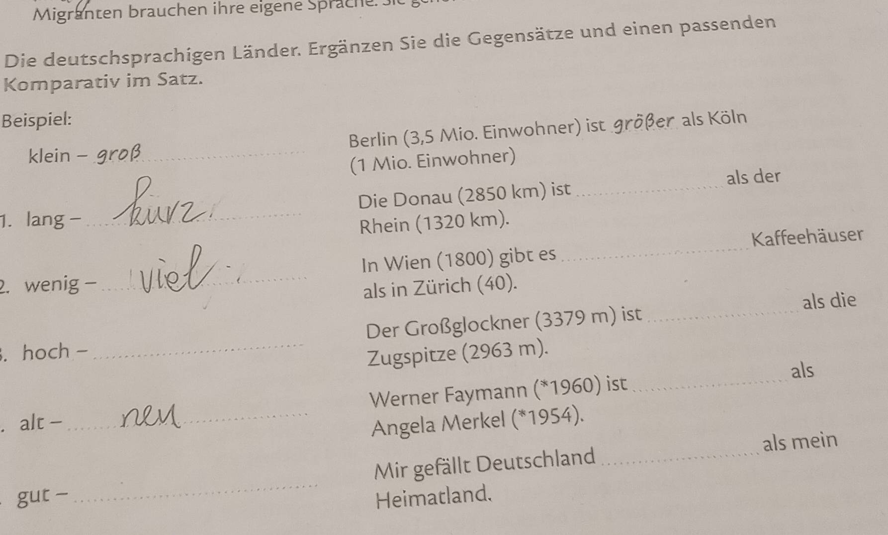 Migranten brauchen ihre eigene Sprache. Sit 
Die deutschsprachigen Länder. Ergänzen Sie die Gegensätze und einen passenden 
Komparativ im Satz. 
Beispiel: 
Berlin (3,5 Mio. Einwohner) ist größer als Köln 
klein -_ 
(1 Mio. Einwohner) 
als der 
1. lang - _Die Donau (2850 km) ist_ 
Rhein (1320 km). 
Kaffeehäuser 
2. wenig - _In Wien (1800) gibt es 
_ 
als in Zürich (40). 
als die 
. hoch - _Der Großglockner (3379 m) ist_ 
Zugspitze (2963 m). 
als 
Werner Faymann (*1960) ist_ 
、 alt - 
_Angela Merkel (*1954). 
als mein 
_ 
Mir gefällt Deutschland_ 
gut - Heimatland.