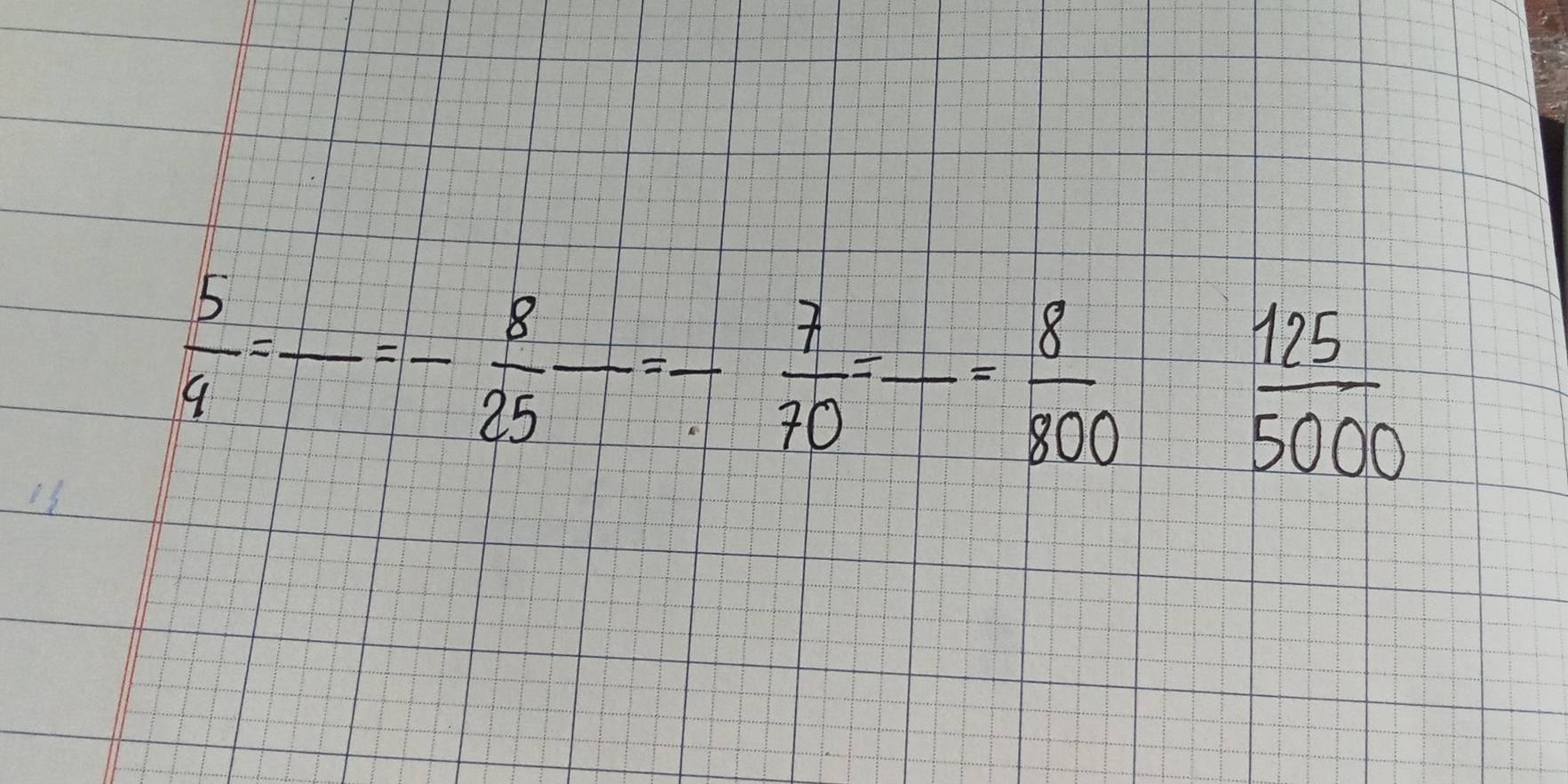  5/4 =frac =- 8/25 -=- 7/70 =- 8/800 
 125/5000 