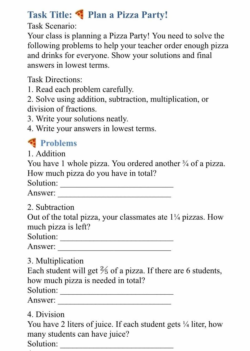 Solved: Task Title: Plan a Pizza Party! Task Scenario: Your class is ...
