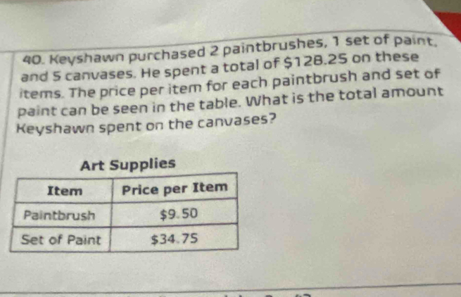 Keyshawn purchased 2 paintbrushes, 1 set of paint. 
and 5 canvases. He spent a total of $128.25 on these 
items. The price per item for each paintbrush and set of 
paint can be seen in the table. What is the total amount 
Keyshawn spent on the canvases? 
Art Supplies