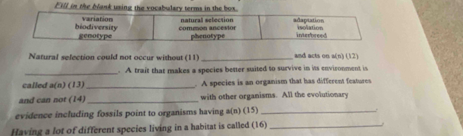 Fill in the blank using the vocabulary terms in the box. 
Natural selection could not occur without (11) _and acts on a(n) (12) 
_ 
. A trait that makes a species better suited to survive in its environment is 
called a(n) (13)_ . A species is an organism that has different features 
and can not (14) _with other organisms. All the evolutionary 
evidence including fossils point to organisms having a(n) (15) _: 
Having a lot of different species living in a habitat is called (16)_