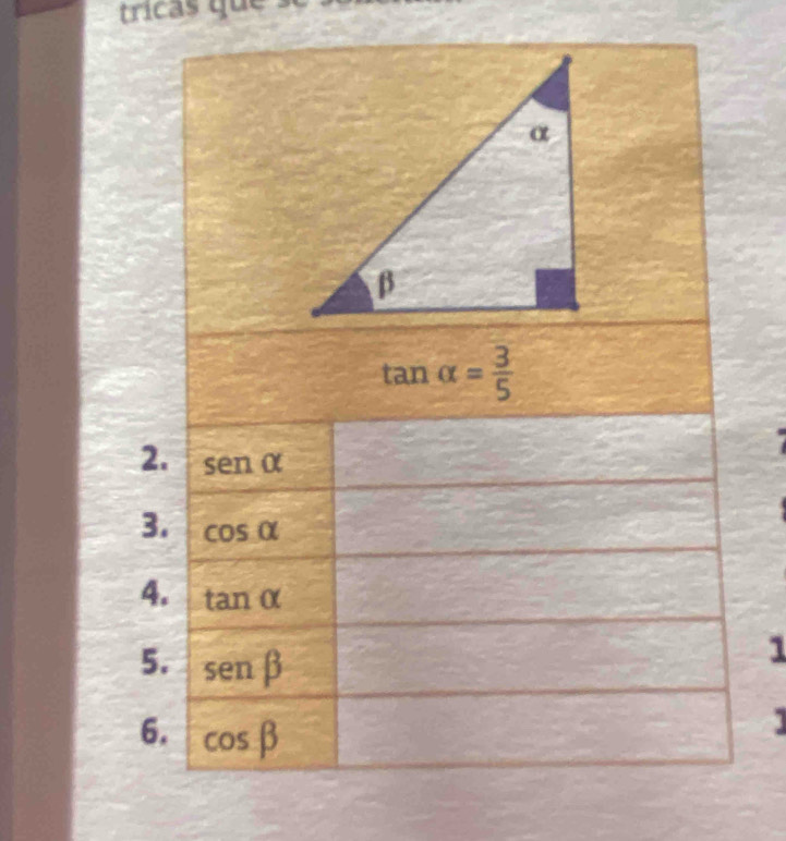 tricas que
tan alpha = 3/5 
2. sen alpha
3. cos alpha
4. tan alpha
5. sen beta
1 
6. cos beta