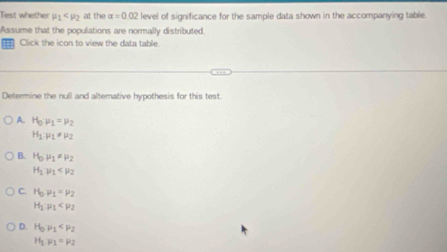 Test whether mu _1 at the alpha =0.02 level of significance for the sample data shown in the accompanying table.
Assume that the populations are normally distributed.
Click the icon to view the data table
Determine the null and alternative hypothesis for this test.
A. H_0:mu _1=mu _2
H_1.mu _1!= mu _2
B. H_0mu _1!= mu _2
H_1:mu _1
C. H_0:mu _1=mu _2
H_1:mu _1
D. H_0· mu _1
H_1· mu _1=mu _2