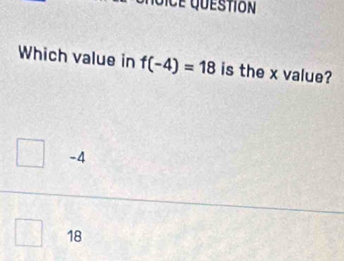 Which value in f(-4)=18 is the x value?
-4
18