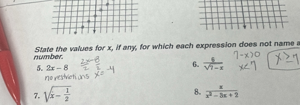 a 
State the values for x, if any, for which each expression does not name a 
number. 
5. 2x-8
6.  6/sqrt(7-x) 
7. sqrt(dot x)- 1/2 
8.  x/x^2-3x+2 