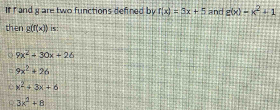 If f and g are two functions defined by f(x)=3x+5 and g(x)=x^2+1
then g(f(x)) is:
9x^2+30x+26
9x^2+26
x^2+3x+6
3x^2+8